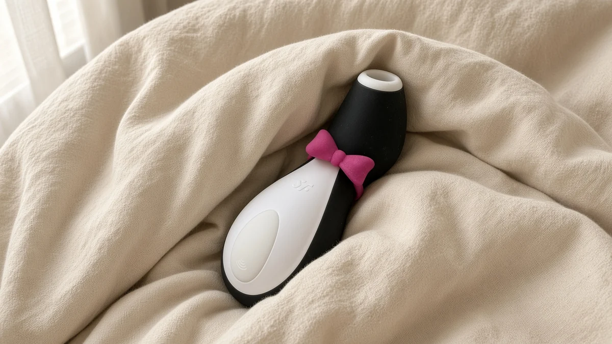 Satisfyer Penguin schowany w fałdach grubej beżowej kołdry w świetle dziennym, kołdra tłumi dźwięk wibratora