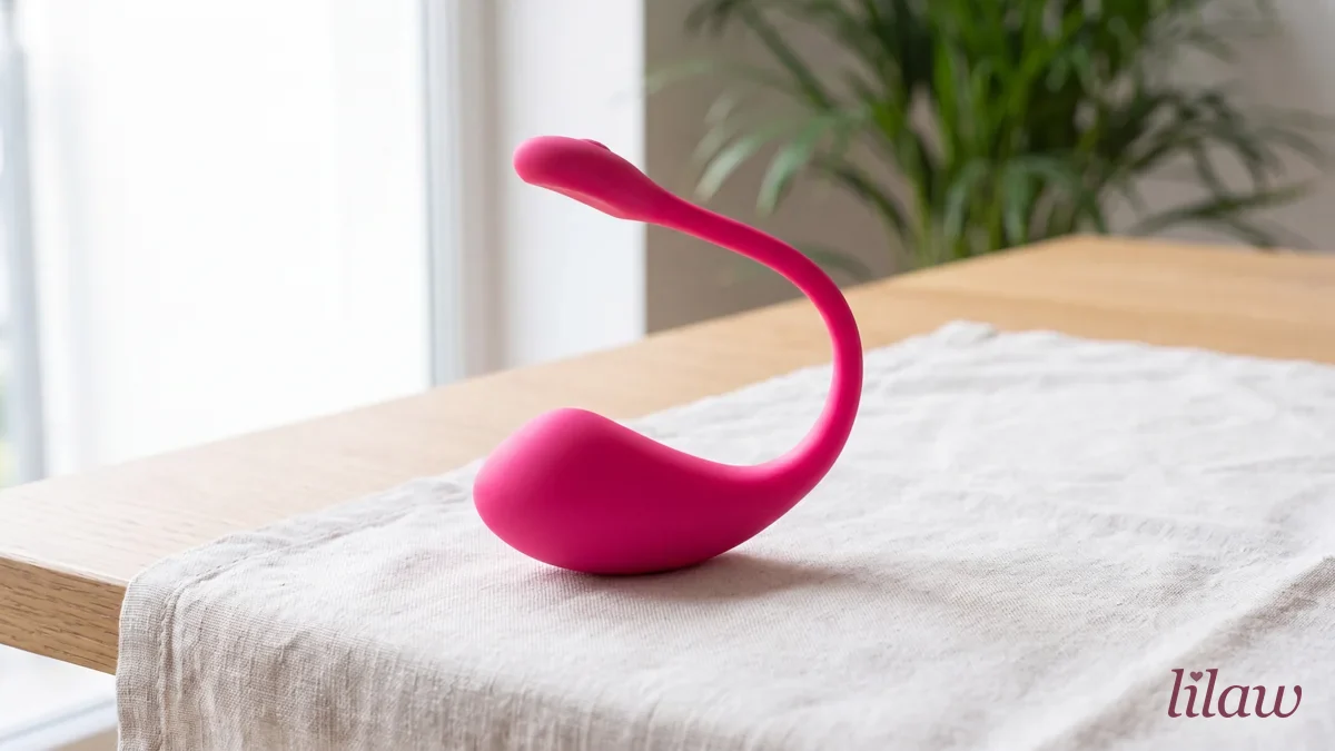 Lovense Lush 2 z długą, cienką antenką na lnianym obrusie przy oknie