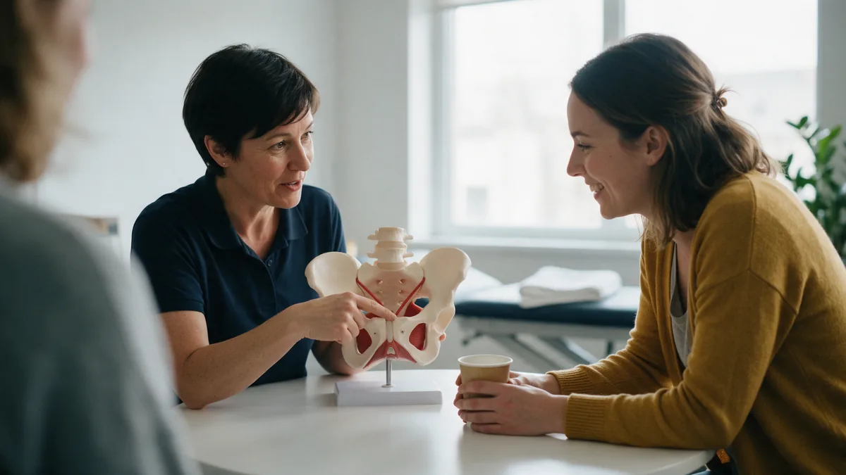 Fizjoterapeutka pokazuje pacjentce model miednicy z zaznaczonymi mięśniami dna miednicy