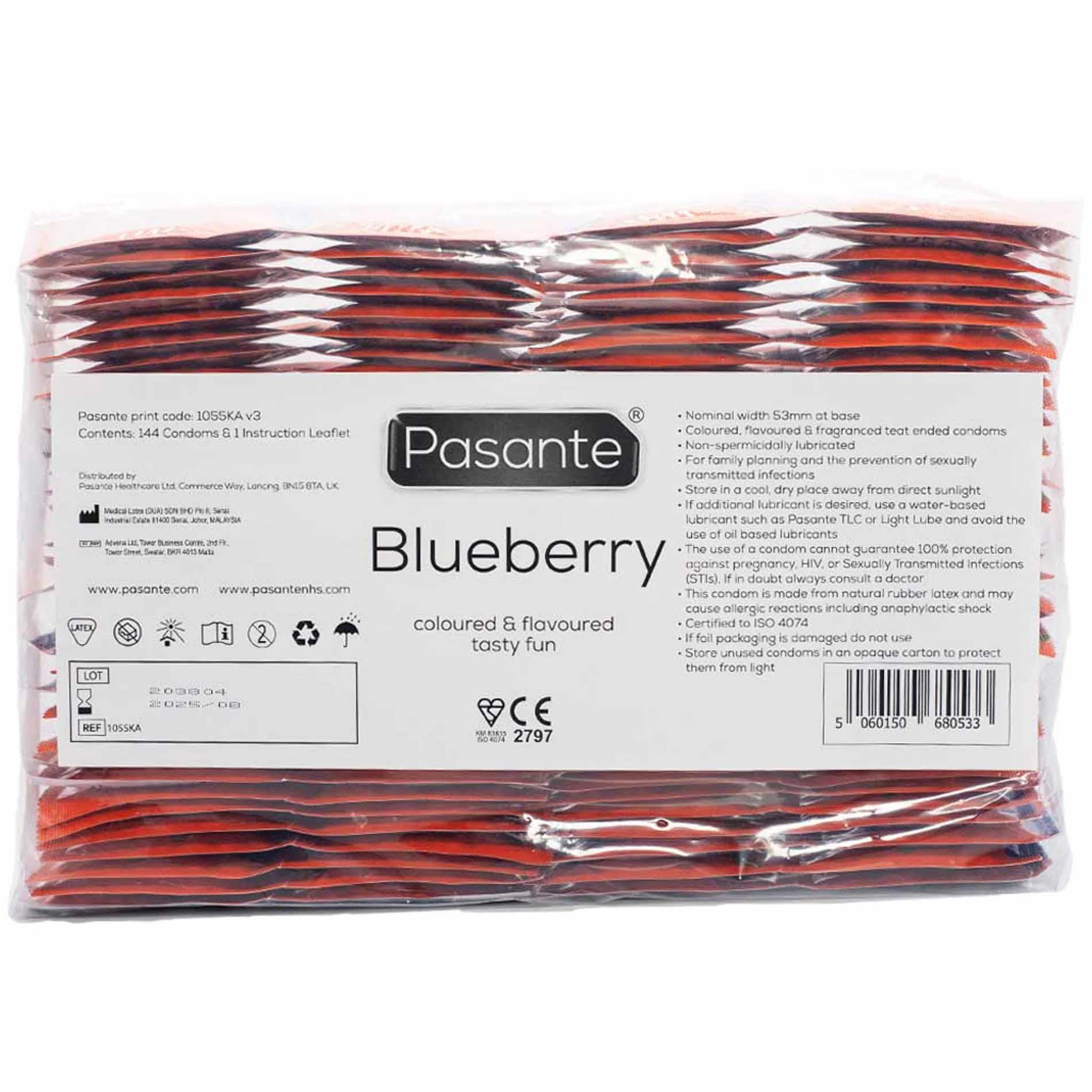 Prezerwatywy Pasante Blueberry Blast - smak jagodowy, fioletowe
